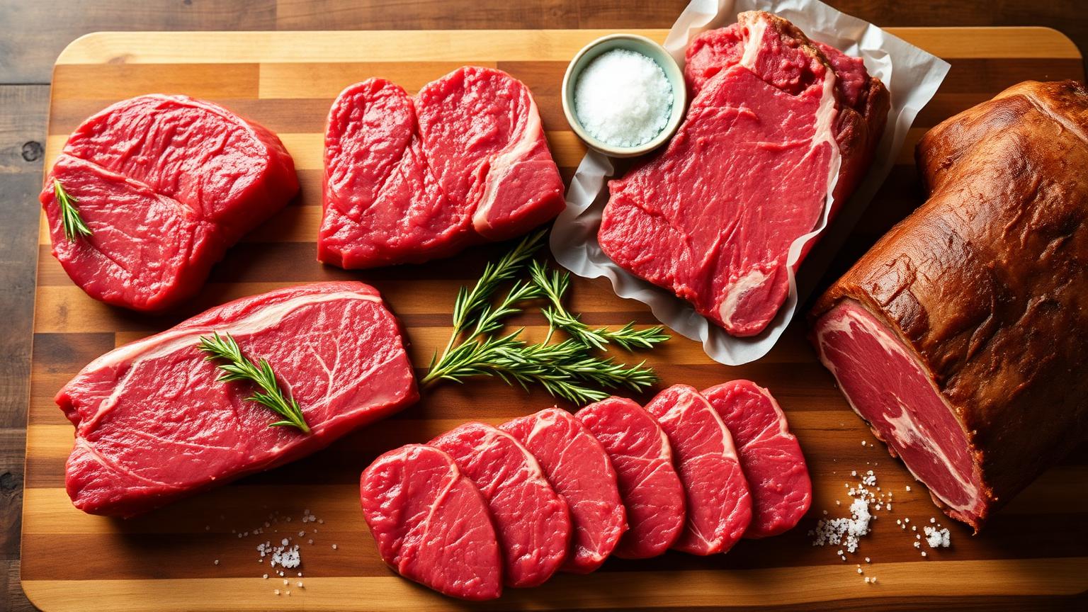 Premium beef cuts arranged on a butcher block